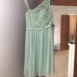 Short 1 shoulder corded lace David’s Bridal dress